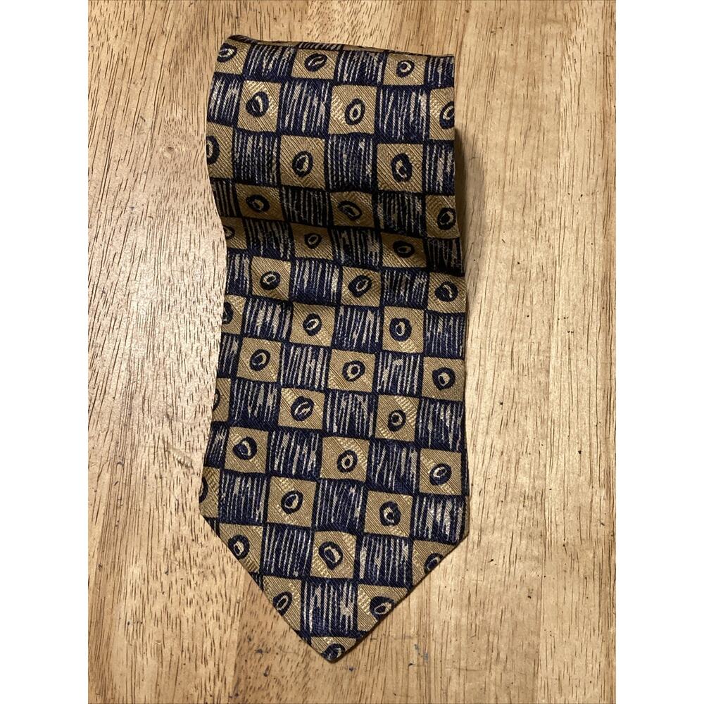 Bugatti Geometric Silk Tie Pointed Classic Necktie Navy blue‎ And golden Tan